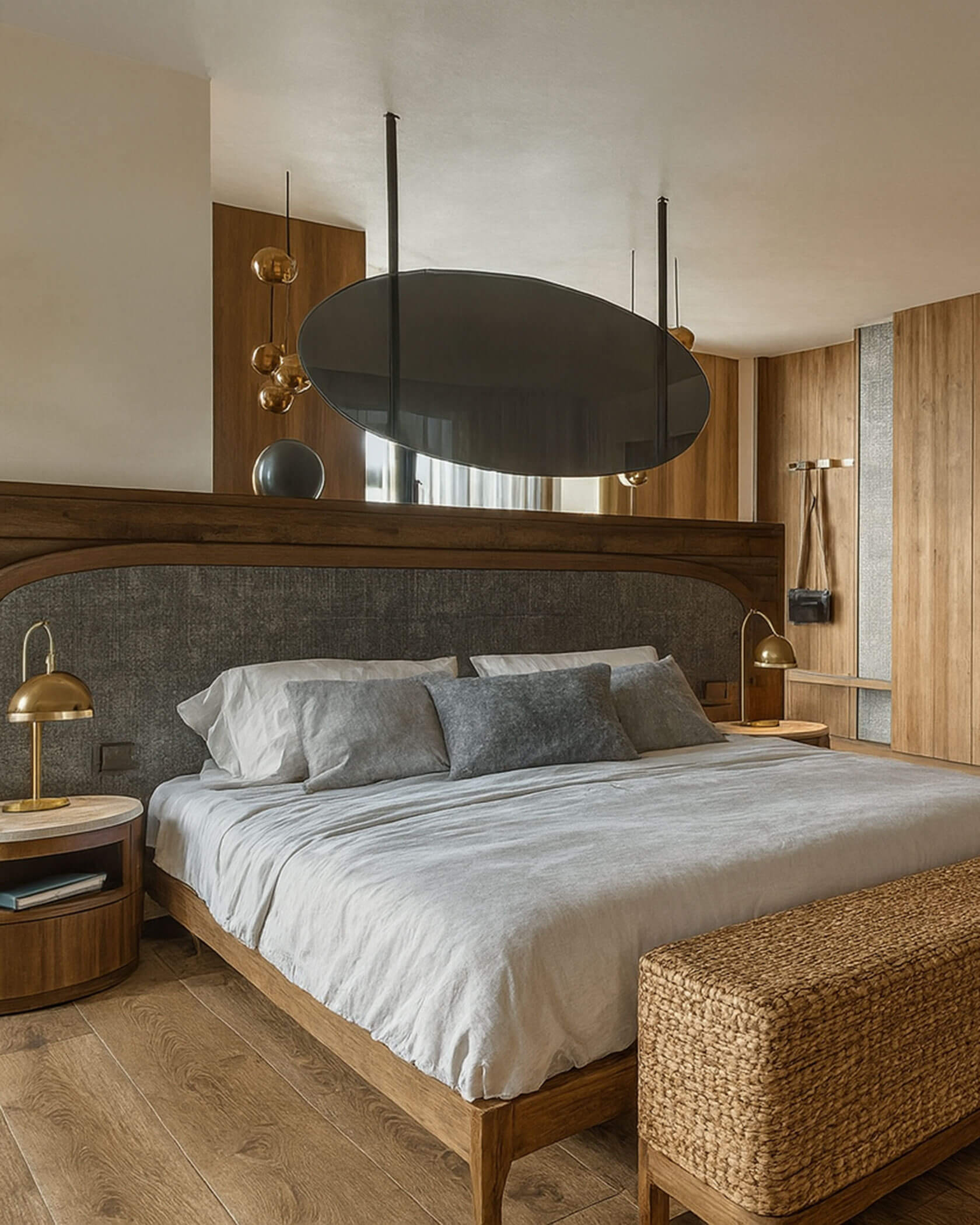 Modernes Schlafzimmer mit Holzakzenten, einem großen Bett, goldenen Lampen und einem runden schwarzen Deckenspiegel über dem Kopfteil. - Hotel Sun