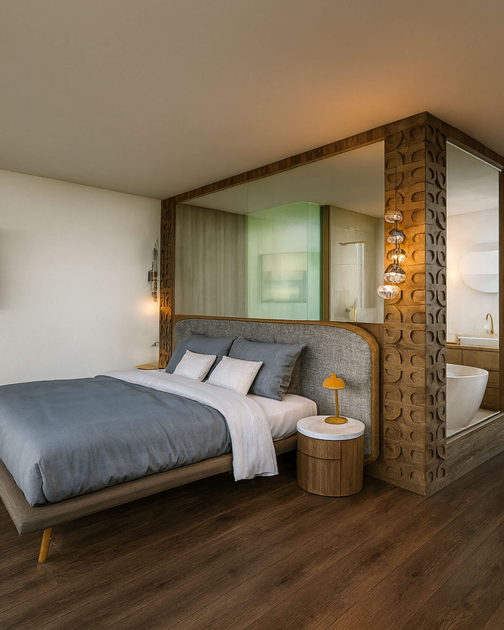 Modernes Schlafzimmer mit einem großen Bett, Holzakzenten, rundem Nachttisch und einem Badezimmer mit Glaswänden. - Hotel Sun
